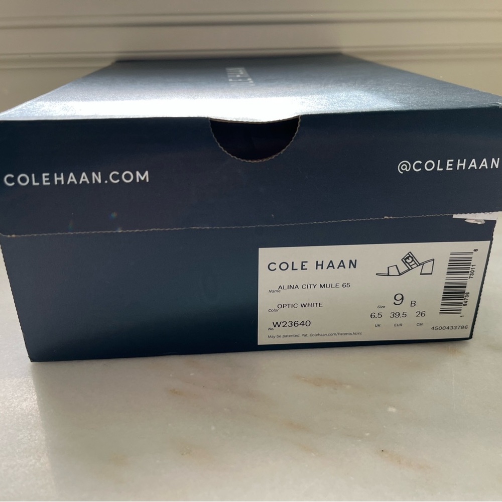 Cole Haan Size 9 Stacked Block Heel Slides White Woven Matte Gold Buckle NWB - Picture 9 of 9